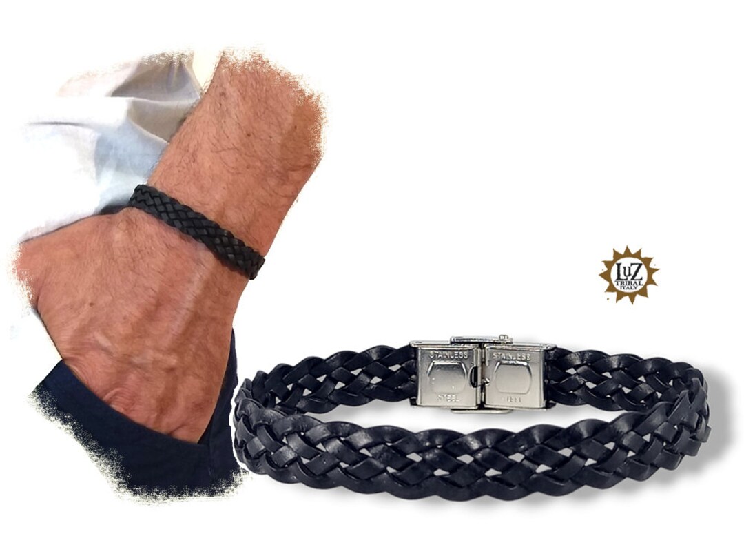 COAI Bracciale da Uomo in Pelle Intrecciata e Pietre Naturali Benefiche con Chiusura Magnetica in Acciaio Inox
