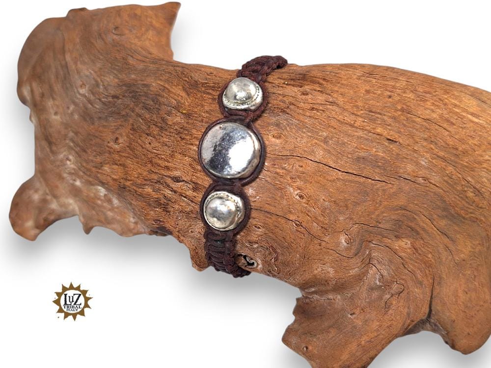 Bracelet Homme En Cuir Brut Et Métal Rustique - Marque Luz Italy - Taille Réglable - Style Vintage
