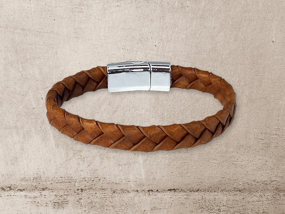 Men's Braided Leather Bracelet Honey Brown Various Sizes Steel Closure 