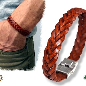 Geflochtenes Lederarmband für Herren – gebranntes Orange – verschiedene Größen – Edelstahlverschluss