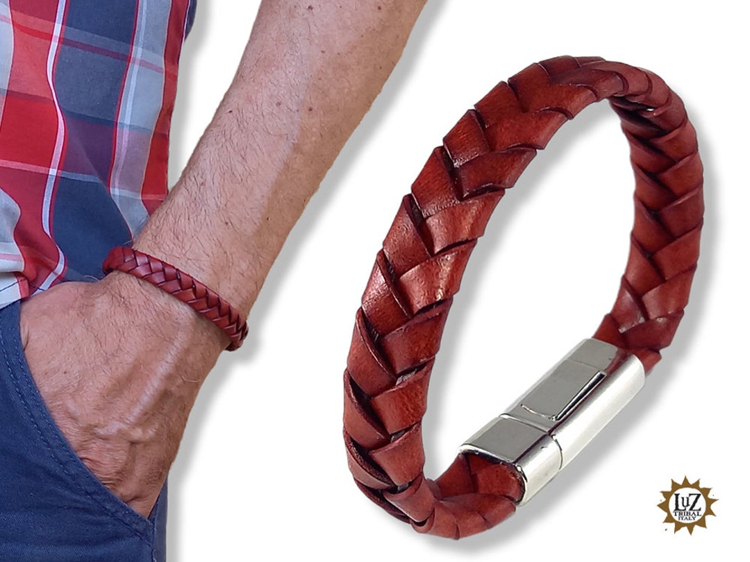 Men's Braided Leather Bracelet Burgundy Red Various Sizes Steel Closure -   Canada