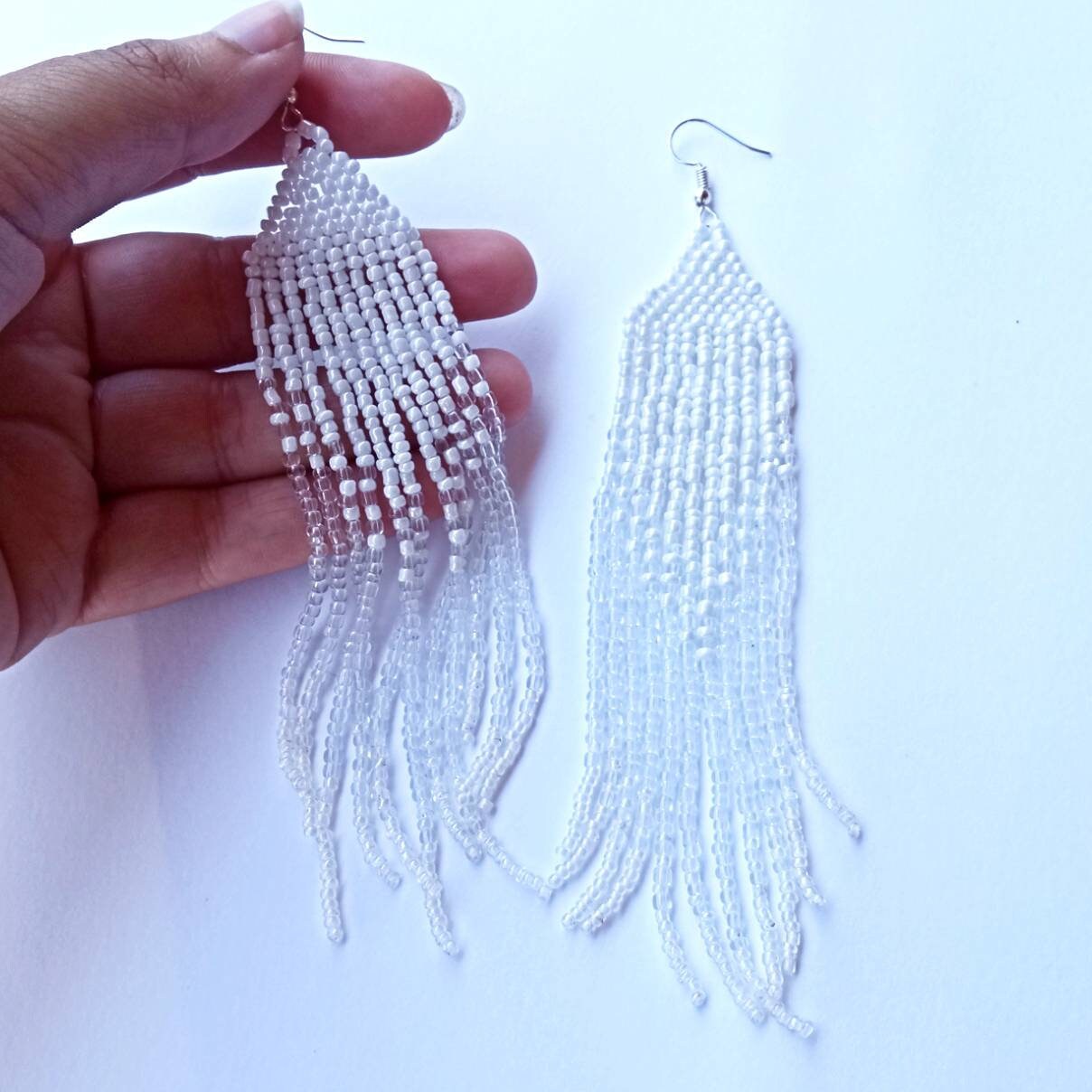 Handmade beaded earrings white bridal Etsy