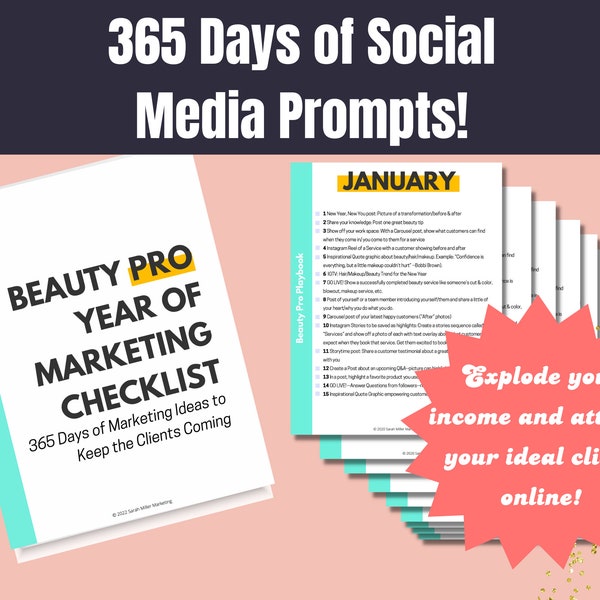 2024 SOCIAL MEDIA Content Checklist for Beauty Professionals, 365 Prompts for Instagram, Marketing Planner for a Year + BONUSES!