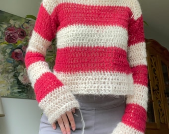 Crochet Striped Alpaca Silk Sweater
