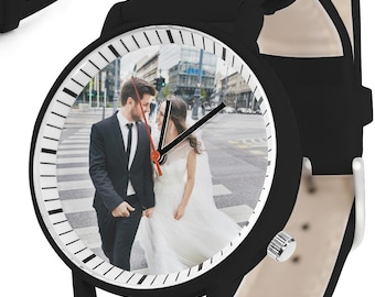 Custom Photo Unisex Watch, Personalized Leather Strap Watch, Picture Dial Watch Gift for Him or Her