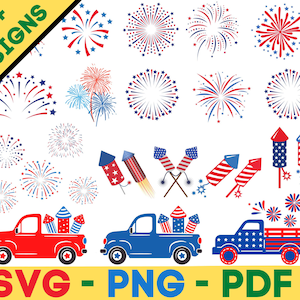 May include: A set of 58 digital designs featuring red, white, and blue fireworks and firecrackers. The designs are perfect for creating patriotic crafts, invitations, and decorations for Independence Day.