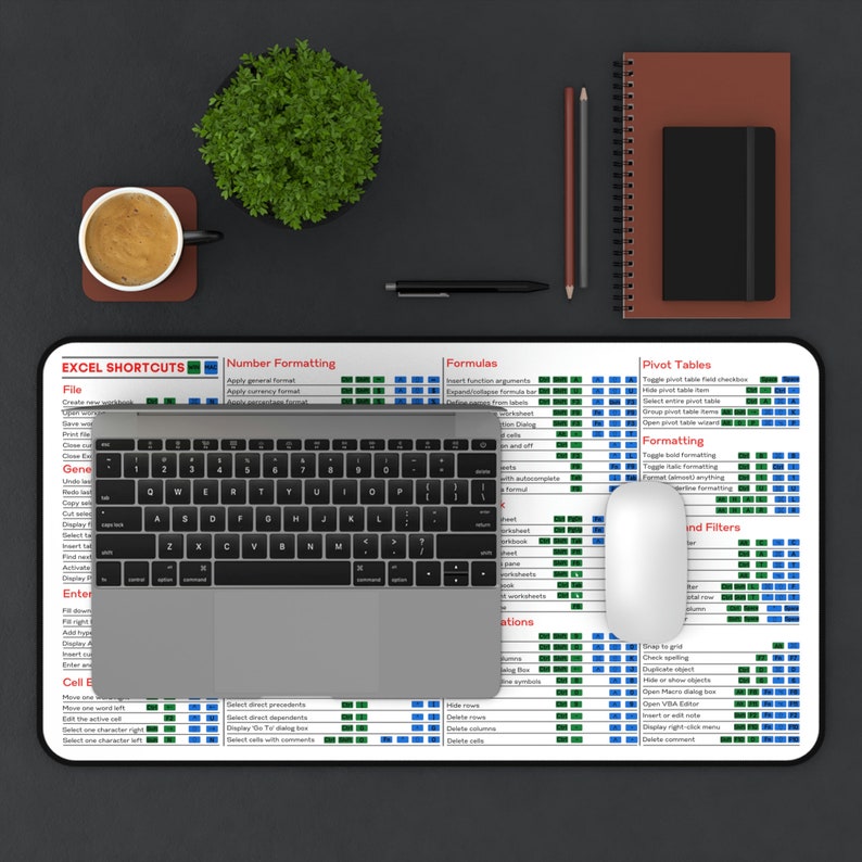 Spreadsheet Shortcut Desk Mat for Office Setup, Productivity Mouse Pad, Computer Desk Pad for Workspaces