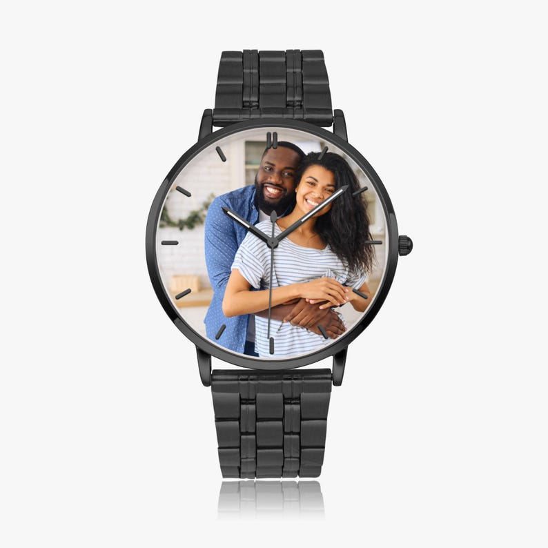Personalized Photo Watch, Stainless Steel Quartz Watch, Custom Black