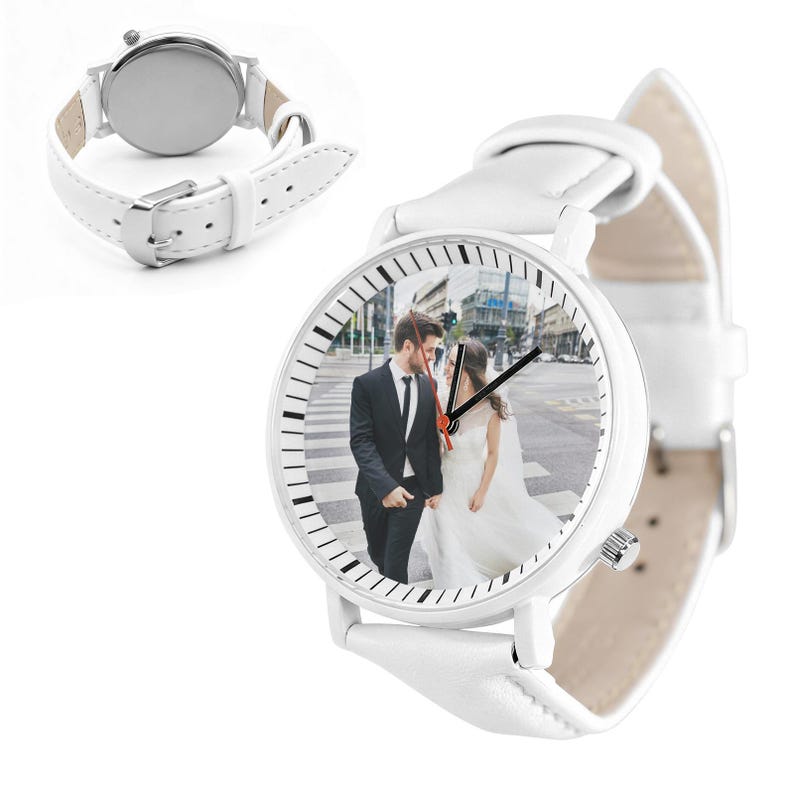 Custom Photo Unisex Watch, Personalized Leather Strap Watch, Picture Dial Watch Gift for Him or Her White