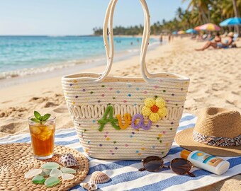 Personalized Name Woven Beach Tote Bag, Custom Summer Shoulder Bag With Crochet Flower