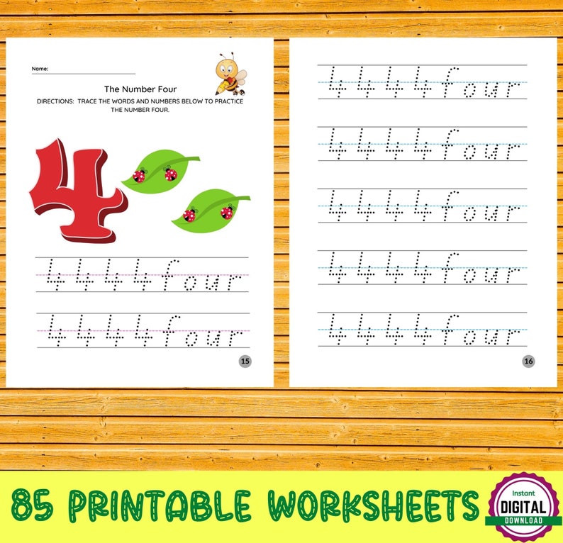 May include: A printable worksheet for practicing writing the number four. The worksheet features a large red number four, two green leaves with ladybugs, and dotted lines for tracing the number and the word "four".
