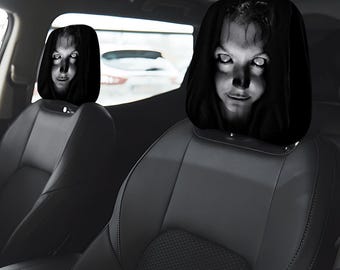 Scary Face Car Headrest Covers, Set of 2, Creepy Ghost Girl Halloween Car Decor