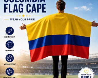 Colombia Flag Cape with Sleeves, Wearable Sports Flag for Soccer Fans, Hands Free Fan Cape for Stadium Matches & Parties