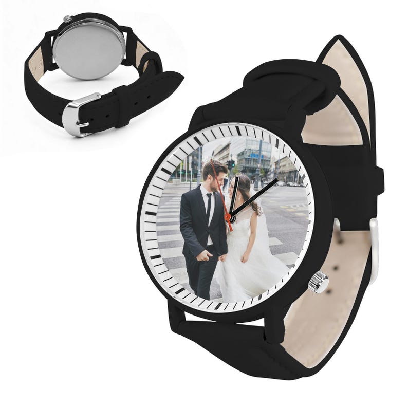 Custom Photo Unisex Watch, Personalized Leather Strap Watch, Picture Dial Watch Gift for Him or Her