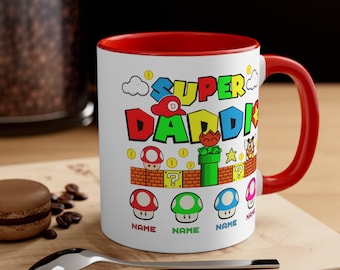 Personalized Super Daddio Gaming Mug, Custom Kids Names Dad Gift
