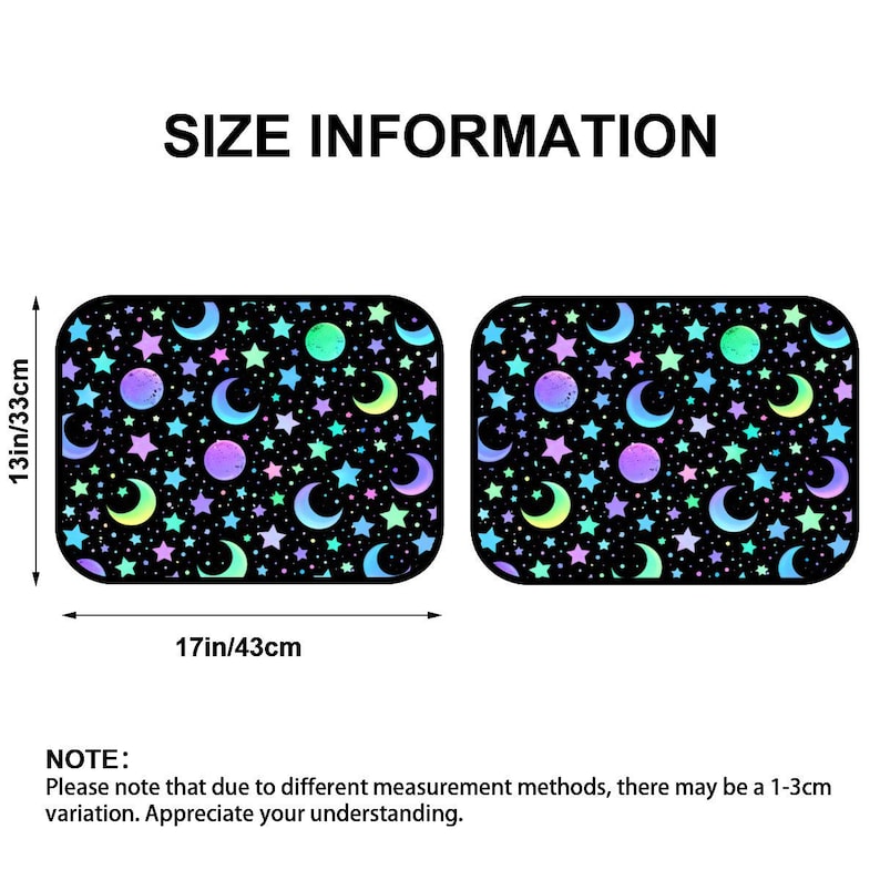 May include: Two rectangular mats with a black background and a celestial pattern of stars, moons, and planets in shades of purple, blue, and green. Each mat is 17 inches by 13 inches. The text "SIZE INFORMATION" is at the top.