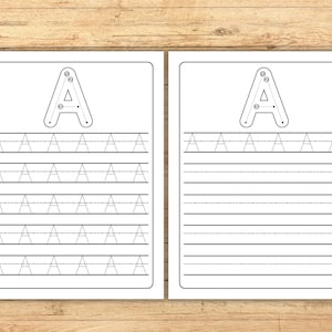 May include: Two black and white printable worksheets for learning the letter "A". Each sheet features a large letter "A" with numbered tracing guides, and lines for practicing writing the letter. The worksheets are designed for educational purposes.