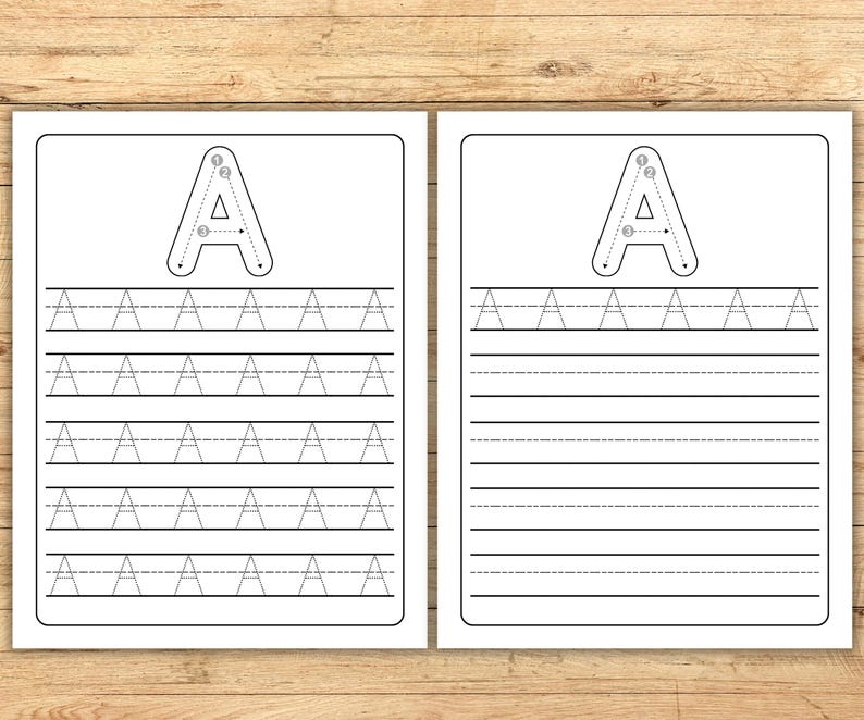 May include: Two black and white printable worksheets for learning the letter "A". Each sheet features a large letter "A" with numbered tracing guides, and lines for practicing writing the letter. The worksheets are designed for educational purposes.
