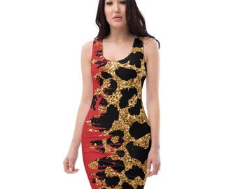 Vestido ajustado con estampado de leopardo, vestido rojo de fiesta de noche