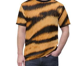 Men's Tiger Stripe T-shirt, Animal Fur Pattern Shirt, Wildlife Short Sleeve Tshirt -Unisex AOP Cut & Sew Tee