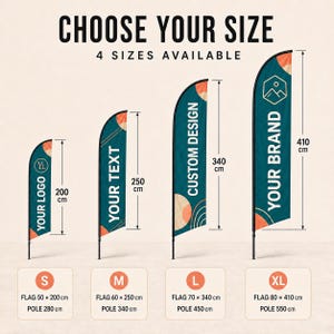 May include: Four feather flags in teal with orange accents, labelled 'YOUR LOGO', 'YOUR TEXT', 'CUSTOM DESIGN', and 'YOUR BRAND'. Sizes range from 200 cm to 410 cm in height, with detailed dimensions for flags and poles provided in centimetres.