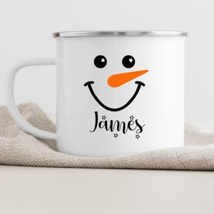 Custom Snowman Mug - Personalized Hot Chocolate Mug for Kids - Cute Holiday Mug - Custom Camper Mug for Friend -  Enamel Camping Mug