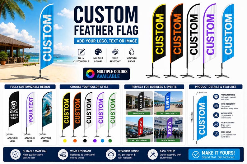 Custom Feather Flag 11ft Advertising Banner, Personalized Business Flag ...