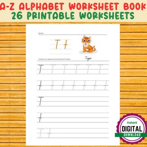 May include: A printable worksheet for learning the letter T. The worksheet features a cartoon tiger and dotted lines for tracing the uppercase and lowercase letter T. The text "Tiger" is written below the image. The text "Practice your uppercase and lowercase Ts below" is written above the tracing lines. The text "Name" is written at the top of the page.