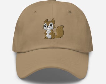 Tech Design Squirrel Embroidered Dad Hat - Adjustable Cotton Baseball Cap, Olive Green