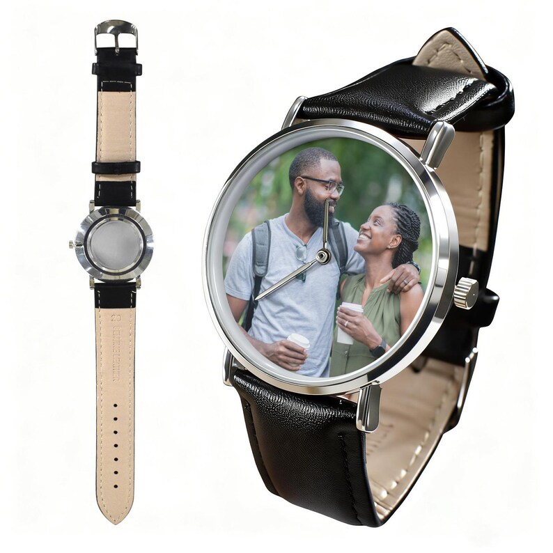 Custom Photo Leather Watch, Personalized Classic Strap Watch, Picture Dial Gift for Him or Her, Family Keepsake