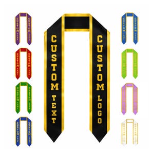May include: A selection of graduation stoles in colours such as black, purple, red, green, blue, and white. Each stole displays the text "CUSTOM TEXT" and "CUSTOM LOGO" in gold lettering, with a gold border.