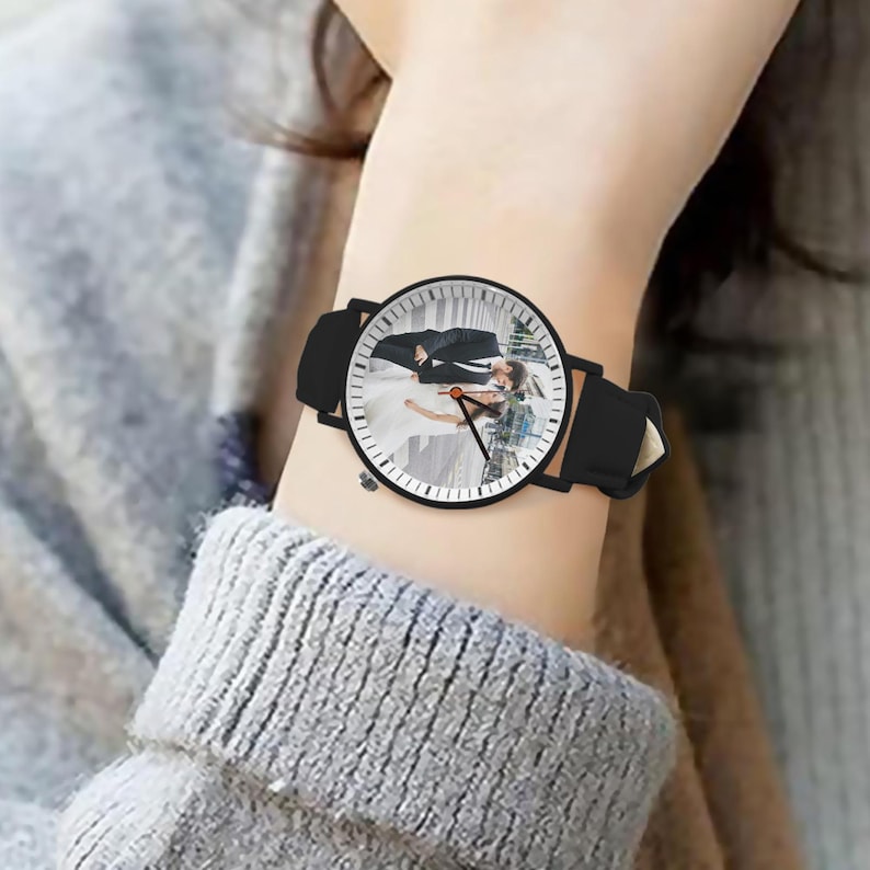 Custom Photo Unisex Watch, Personalized Leather Strap Watch, Picture Dial Watch Gift for Him or Her