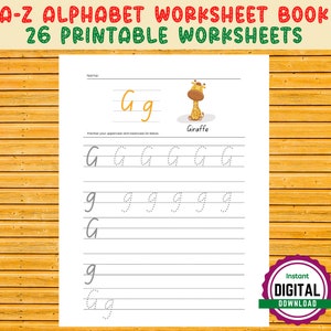 May include: A printable worksheet for practicing writing the uppercase and lowercase letter G. The worksheet features a cartoon giraffe and the text "Gg", "Giraffe", and "Practise your uppercase and lowercase Gs below".