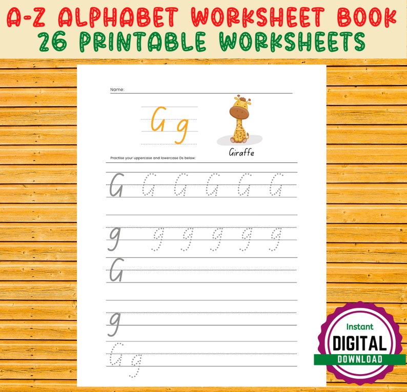 May include: A printable worksheet for practicing writing the uppercase and lowercase letter G. The worksheet features a cartoon giraffe and the text "Gg", "Giraffe", and "Practise your uppercase and lowercase Gs below".
