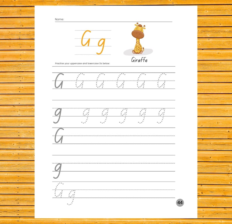May include: A printable worksheet for practicing writing the uppercase and lowercase letter G. The worksheet features a cartoon giraffe and the words "Gg" and "Giraffe".