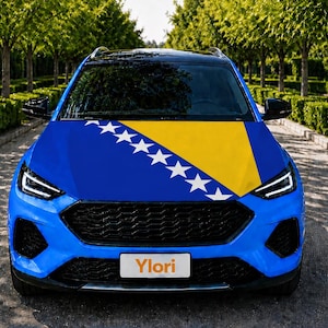 以下が含まれることがあります： ボスニア・ヘルツェゴビナの国旗がボンネットに施された青いSUV。黄色い三角形、青いフィールド、そして斜めに並んだ白い星が特徴です。車両には黒いグリルと、Yloriという文字が記された白いナンバープレートが付いています。