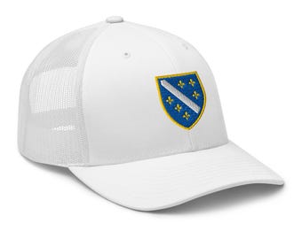 Bosnian Coat of Arms Trucker Cap, Embroidered Adjustable Mesh Back Hat, Bosnia Heritage Gift