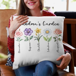 Almohada de jardín de la abuela personalizada Almohada de flores de nacimiento personalizada con los nombres de los nietos, regalo único para la abuela, regalo del Día de la Madre de Navidad