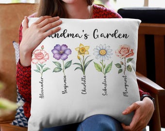 Grandma's Garden Pillow, Personalized Birthflower Grandkids Names