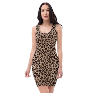 May include: A sleeveless dress with a leopard print pattern in shades of brown and black.
