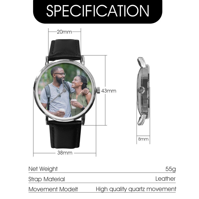 Custom Photo Leather Watch, Personalized Classic Strap Watch, Picture Dial Gift for Him or Her, Family Keepsake