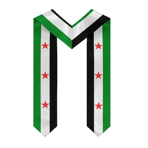 May include: A graduation sash displaying the Syrian flag. The sash features green, white, and black stripes, with red stars. The sash is designed to be worn around the neck.