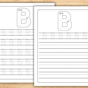 May include: Two white pages with a black outline of the letter "B" for tracing. The top of the page shows the letter "B" with numbered arrows indicating the stroke order. Below are lines of dotted and solid "B" letters for practice.