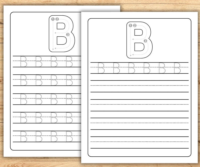 May include: Two white pages with a black outline of the letter "B" for tracing. The top of the page shows the letter "B" with numbered arrows indicating the stroke order. Below are lines of dotted and solid "B" letters for practice.