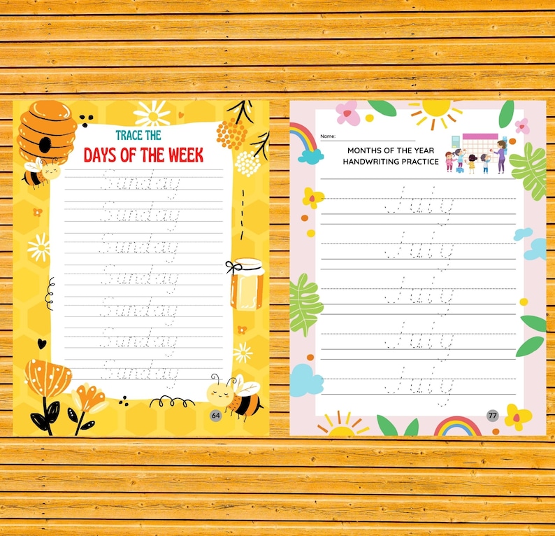 May include: Two printable worksheets for kids to practice handwriting. The first worksheet features a yellow and black beehive design and asks children to trace the days of the week. The second worksheet features a pink and green tropical design and asks children to trace the months of the year.
