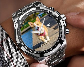 Personalized Photo Watch, Custom Engraved Silver Watch, Photo Gift for Him, Anniversary Birthday Gift for Husband Boyfriend