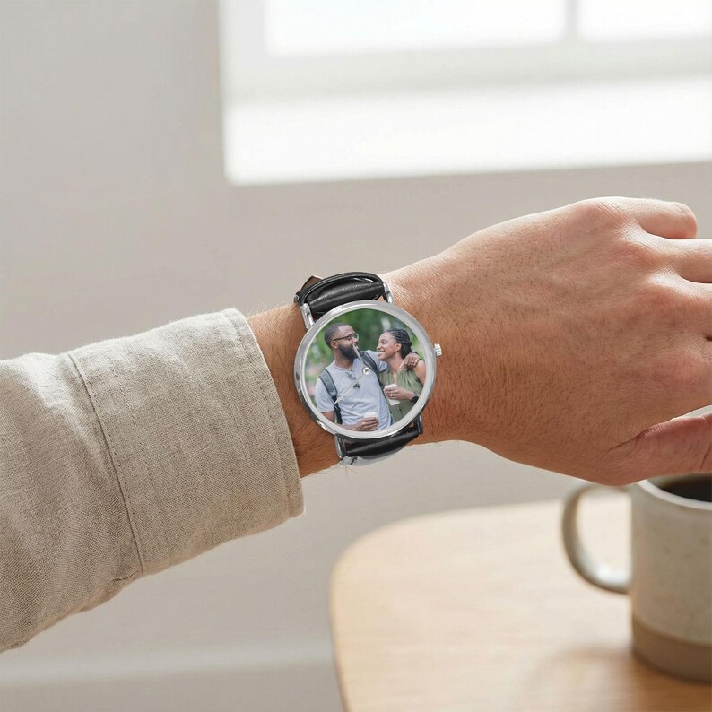 Custom Photo Leather Watch, Personalized Classic Strap Watch, Picture Dial Gift for Him or Her, Family Keepsake