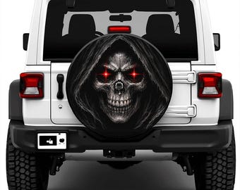 Hooded Skull Spare Tire Cover with Camera Hole, Red Eye Gothic Design