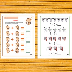 May include: A worksheet with addition problems featuring monkeys and koalas. The problems involve adding and subtracting numbers from 1 to 7. The worksheet is designed for children learning basic math skills.