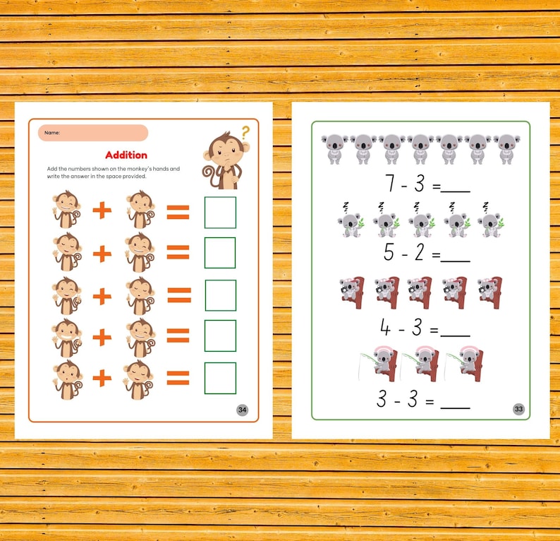 May include: A worksheet with addition problems featuring monkeys and koalas. The problems involve adding and subtracting numbers from 1 to 7. The worksheet is designed for children learning basic math skills.